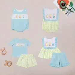 Easter Boutique Short Sleeve T-shirt Round Neck Rabbit Embroidery Girl Yellow Romper Boy Blue Top Clothes And Cross Patter Pants