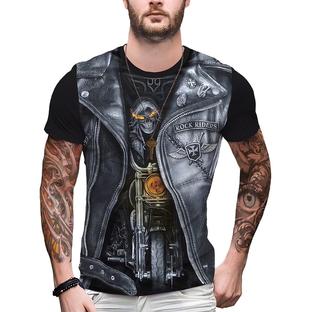 Men's Short Sleeve Clothing Leather Picture Printed Crew Neck Vintage Summer Biker Jacket Tops Denim Jacket 3D Printed T-shirt