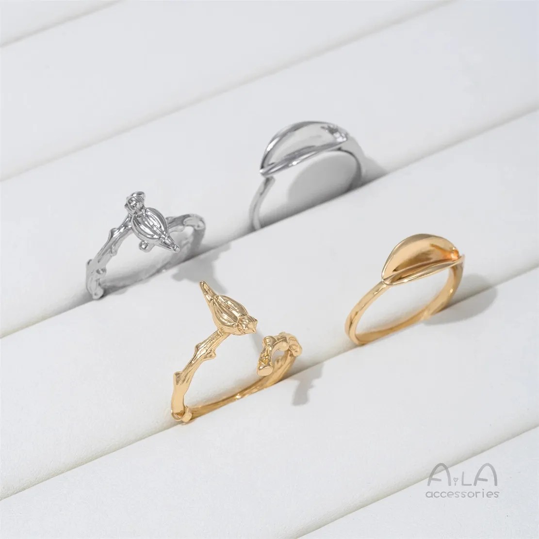 L366 14K Gold-plated Sparrow Plum Blossom Vine Leaf Adhered Pearl Open Ring, Live Mouth Handmade Diy Ring Accessory