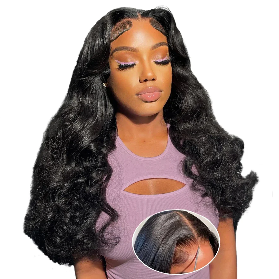 Perruque Lace Closure Wig sans colle naturelle, cheveux humains, Body Wave, pre-cut, 6tage, prête à l'emploi