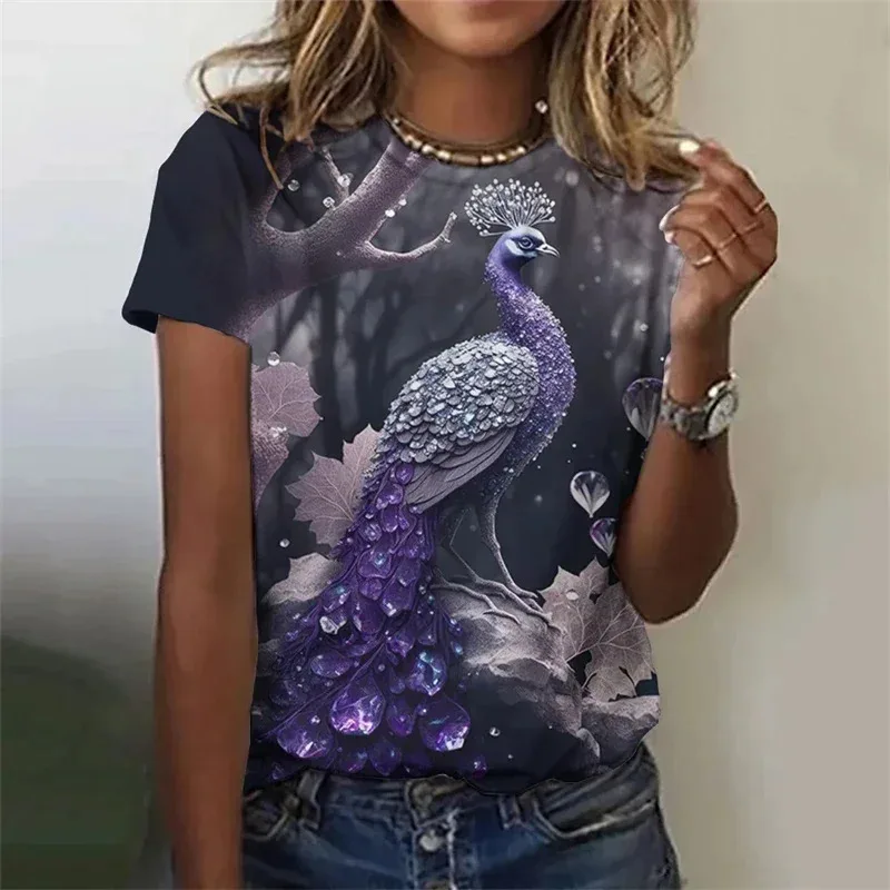 

Fashion Retro Peacock Feather 3D Print T Shirts for Woman Harajuku Personality Short Sleeve Tshirt Female Colorful O-neck Tops