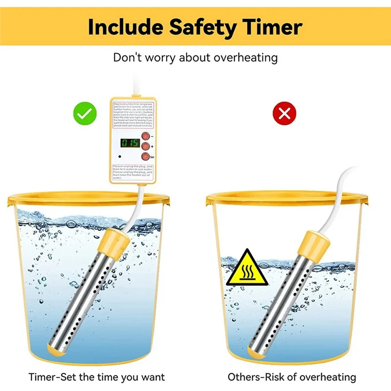 BFYL-Immersion Water Heater, 1500W Electric Submersible Water Heater with Timer, Stainless Steel Guard Cover EU Plug