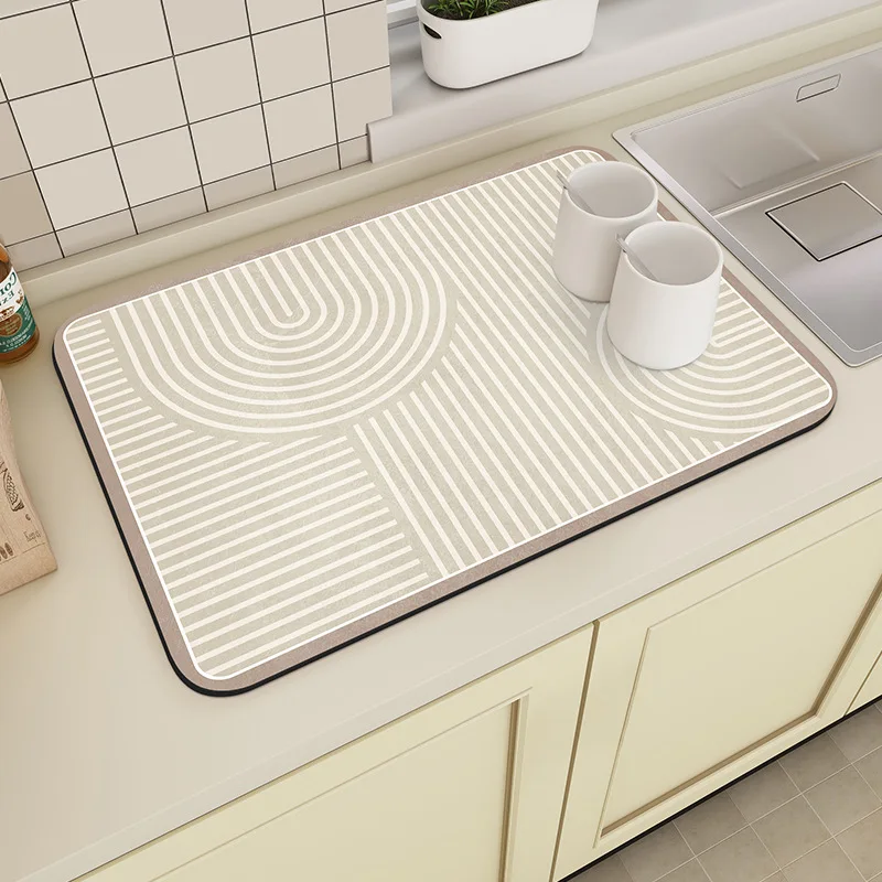 Beige Geometric Stripe Kitchen Absorbent Mat Quick Dry Dish Pad