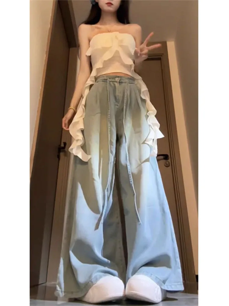 

Легкие широкие джинсы с завязками, женские летние новые дизайнерские универсальные тонкие висячие брюки длиной до пола