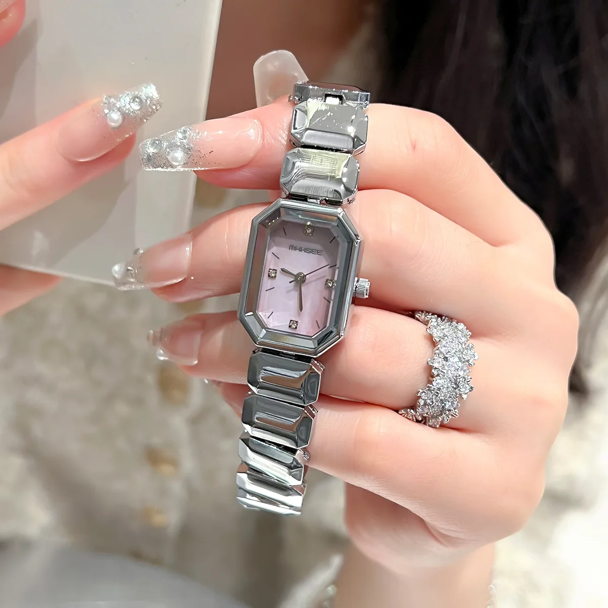 Brand Women Watches Luxury Steel Strap Rhinestone Rectangle Dial Ladies Quartz Watch Fashion Wristwatches Relojes Para Mujer