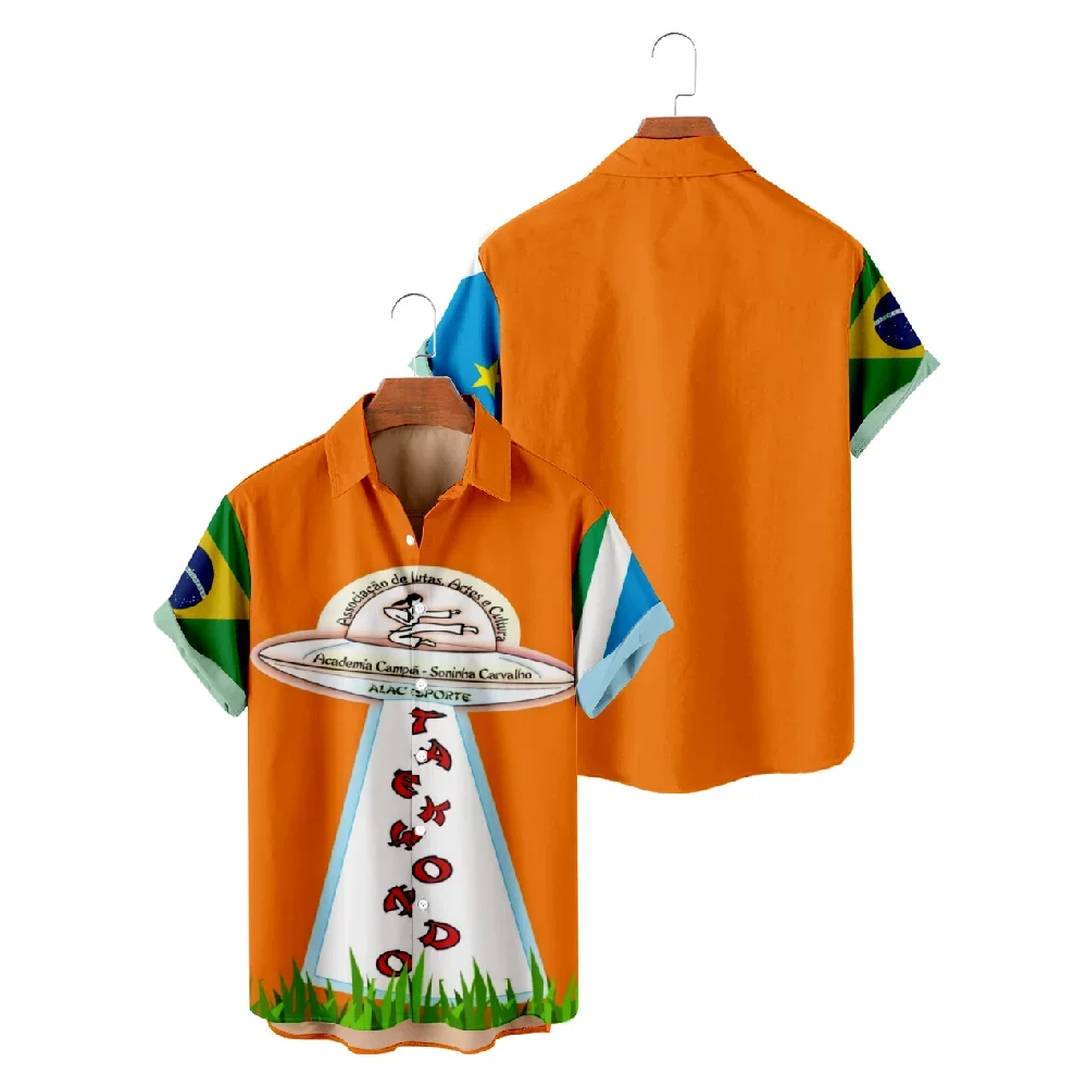 

2024 Casual Shirts For Men Cool UFO Painting Orange Short Sleeve Shirts Hawaiian Summer Tops Breathable Chemise Hawaiienne Homme