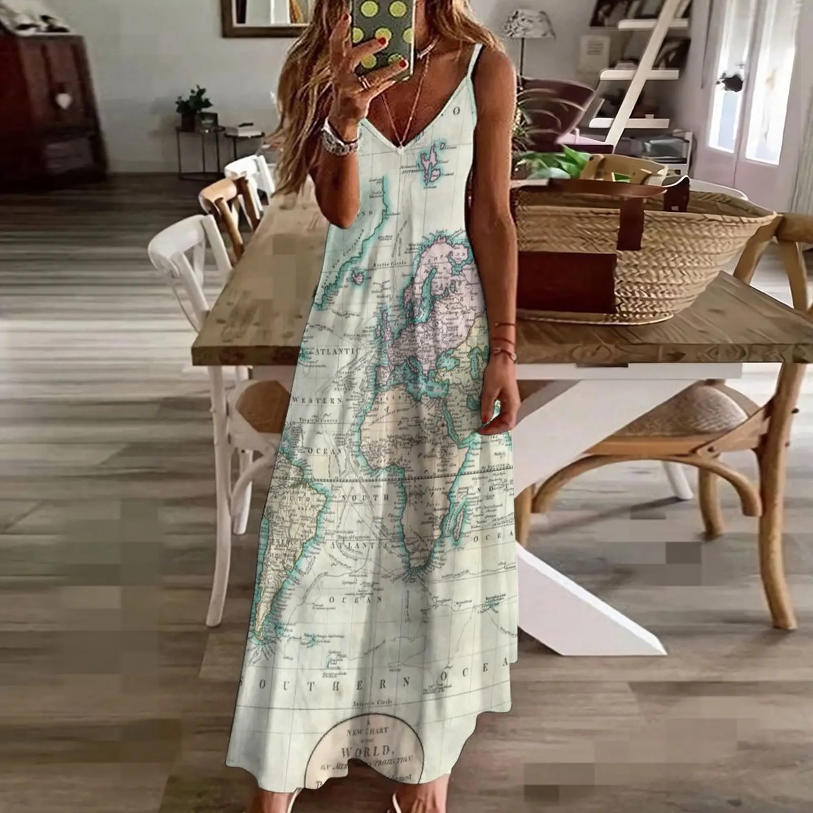 Vintage Map Dress The World 1801 Print Vintage Maxi Dress V Neck Boho Beach Long Dresses Straps Stylish Oversize Clothing