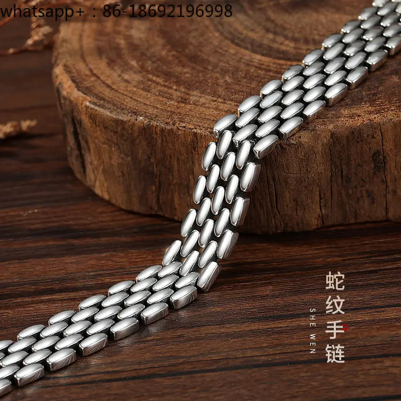 Men's Silver Bracelet S925 Sterling Silver Wide Edition Retro Personality Trendy Men's Snake Pattern Zodiac Snake Bracelet