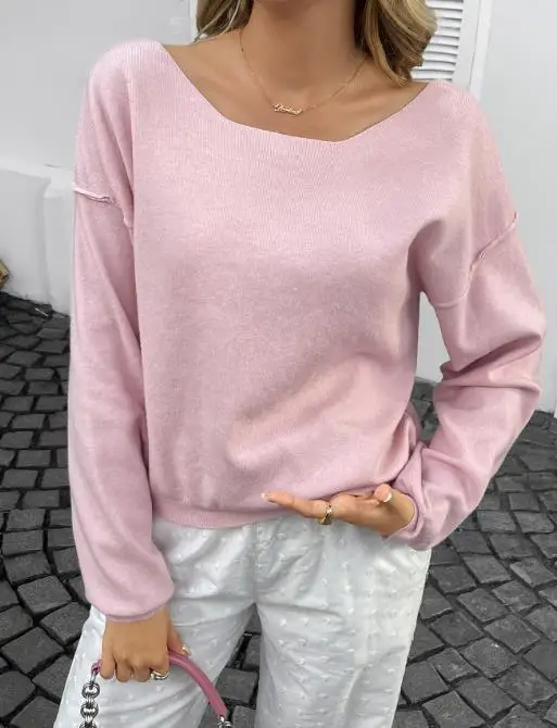 

Top Women 2026 Spring Autumn New Solid Color Round Neck Long Sleeved Loose Fit Casual Versatile Daily Sweater Top