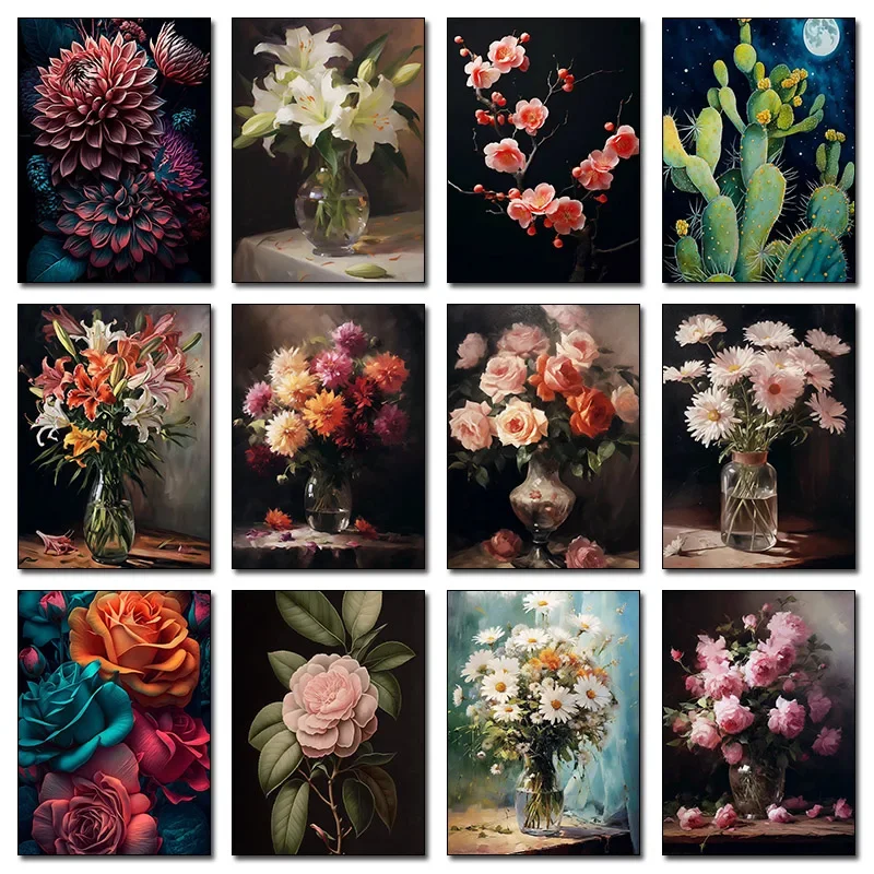 Affiche de nature morte florale, fleurs dans un vase, camélia, fleur de cerisier, peinture sur toile, art mural, image pour le salon, décoration de la maison