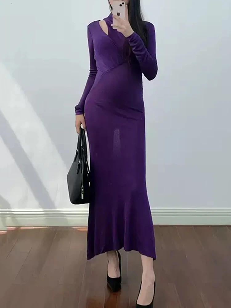 2025년 초가을 신상, 보라색 섹시 컷아웃 슬리밍 바디콘 롱 니트 드레스
