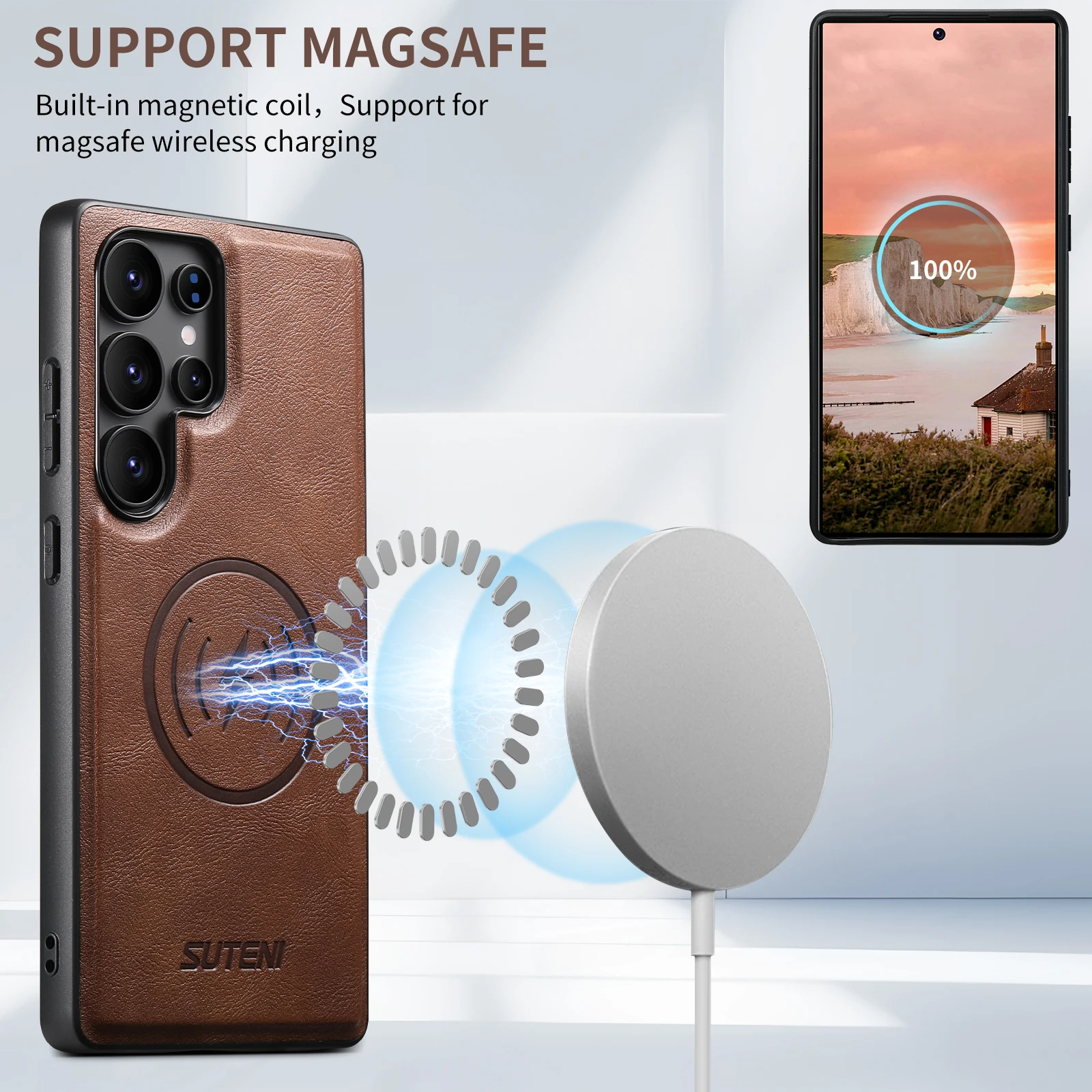 SUTENI Frosted Feel PU-Leder Magnet Wireless Charging Handyhülle für Samsung S25 Ultra S24 S23 S22