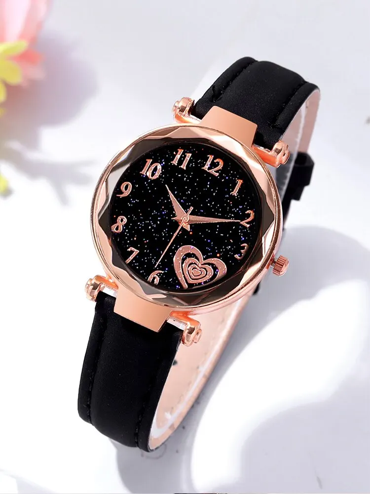 5pcs Women\'s Starry Sky Love Digital Scale Black Belt Quartz Watch+Bracelet Combination Set