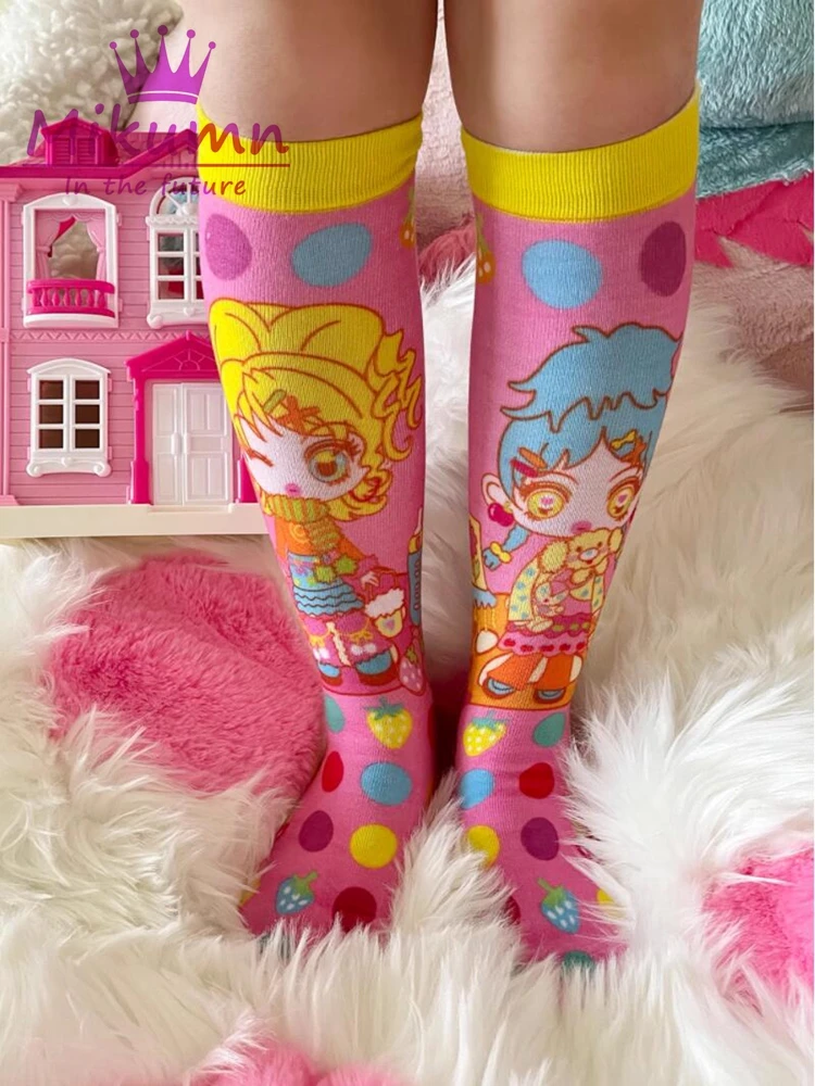 Mikumn Original Design Harajuku Pink Cartoon Girl Print Knitted Long Socks Japanese Y2k Kawaii Women Socks