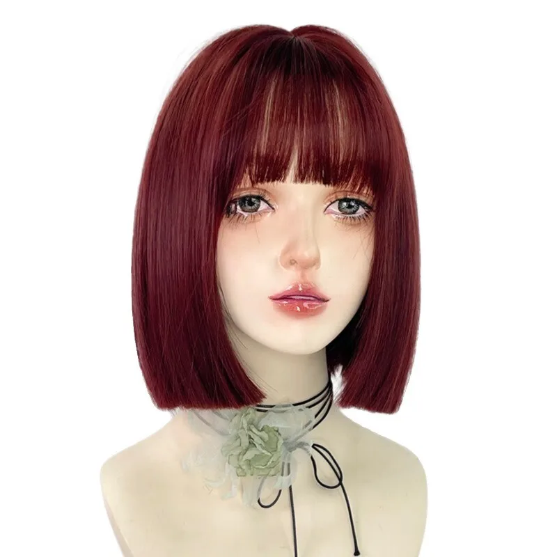 

Women Wig Short Wine Red Hair Wig Straight Synthetic Party Full Wigs