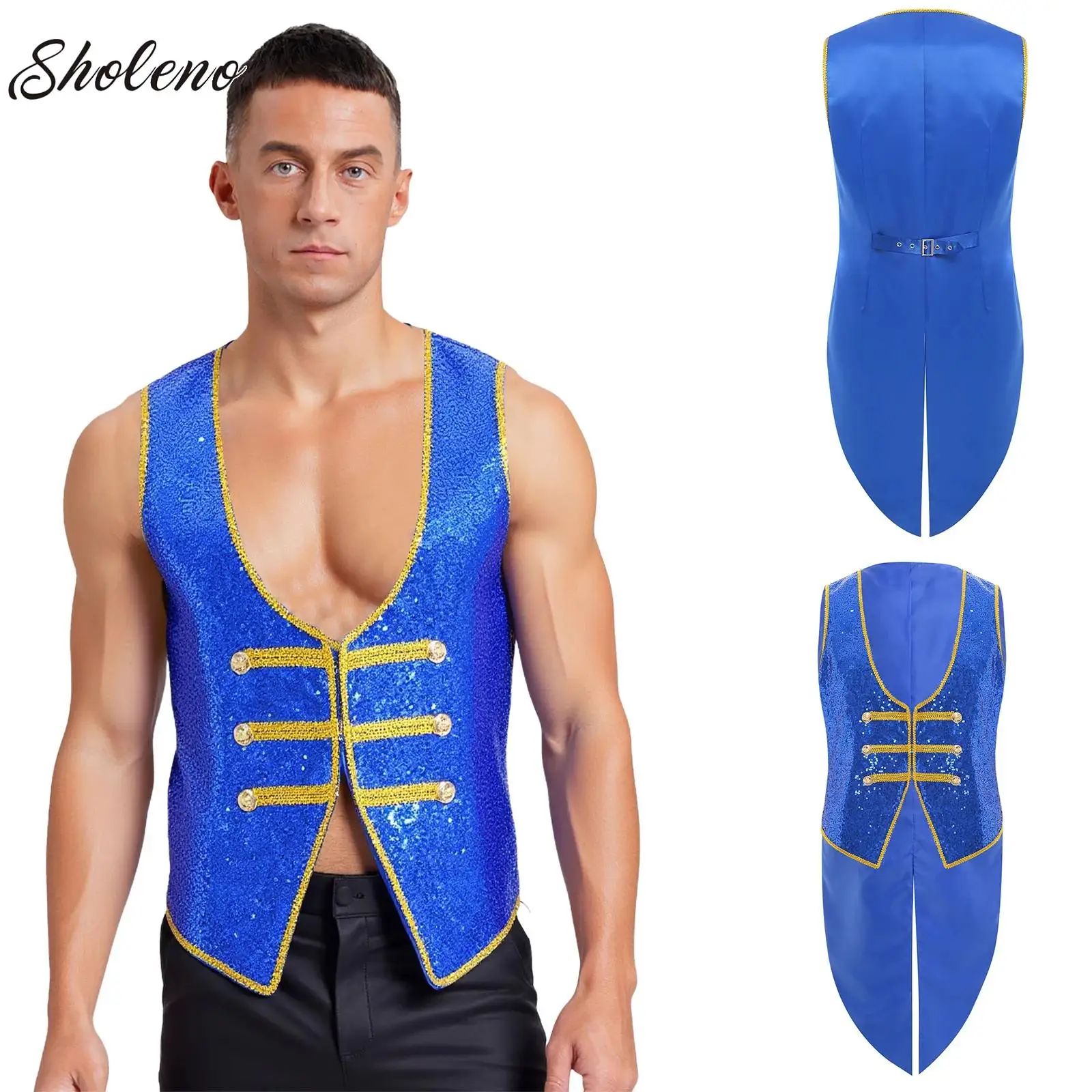 

Mens Halloween Circus Magician Costumes Carnivals Theme Party Cartoon Wizard Warlock Cosplay Gold Trim Ringmaster Vest Waistcoat