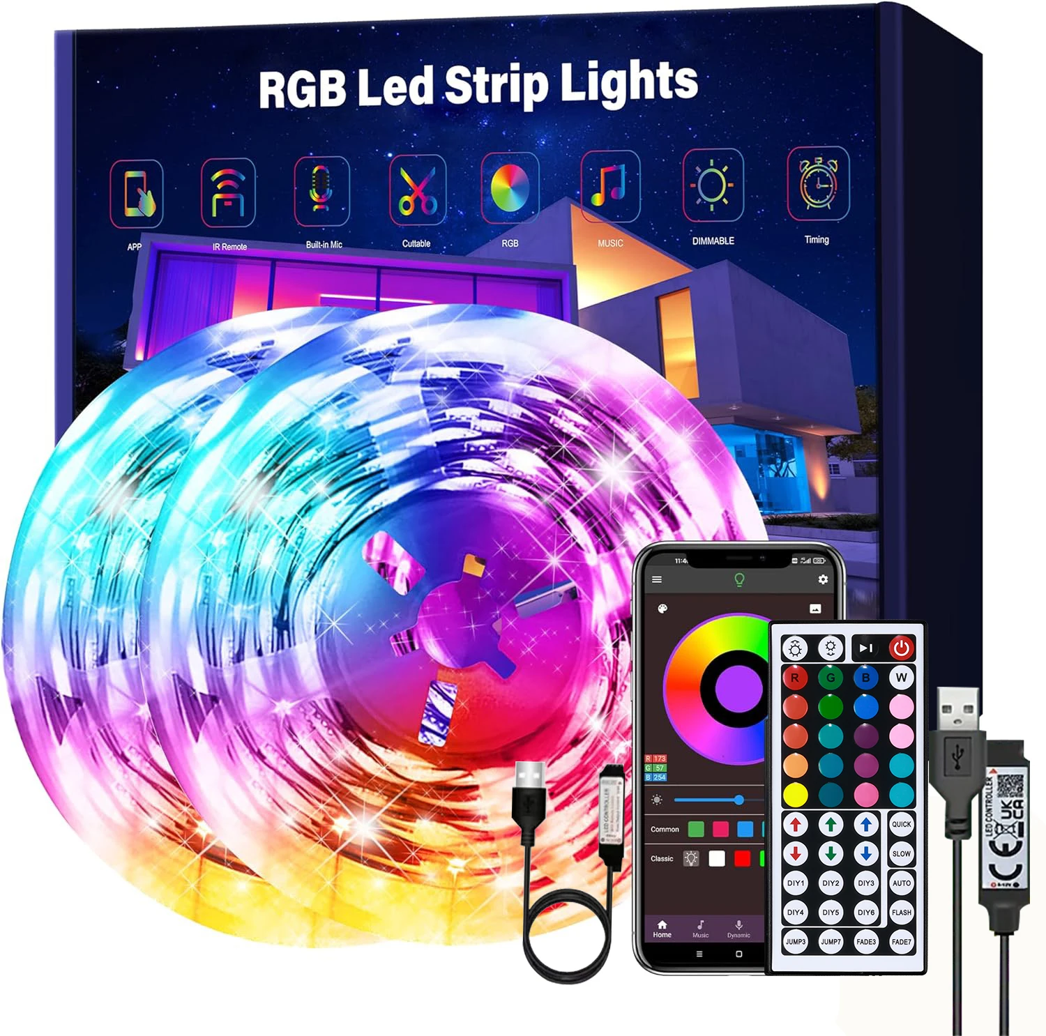 

LED Strip Lights RGB Color Changing Music Sync App Control Indoor Usage 5050 SMD 2 Rolls for Bedroom Kitchen TV Party (APP）