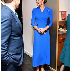 Nuovo Designer donne di moda Blure abito lungo Kate Middleton principessa a maniche lunghe Abiti a trapezio per donna