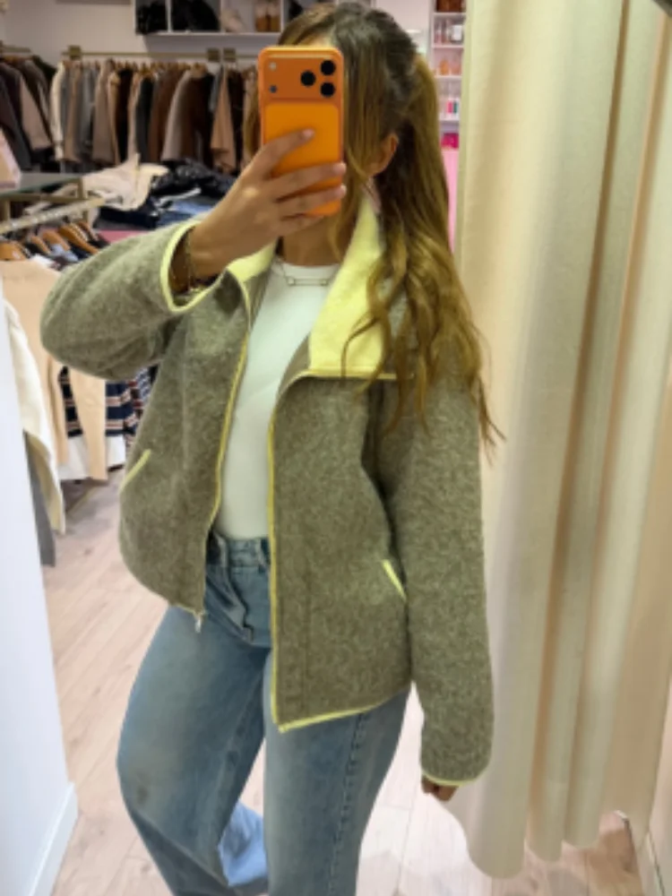 

Блокирующий вязаный укороченный кардиган, женский модный свободный короткий свитер с лацканами и длинными рукавами на молнии, женская зимняя повседневная одежда