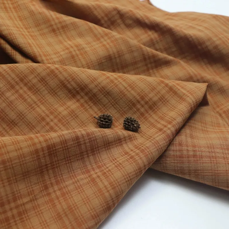1meter Cotton Linen Plaid Fabric Vintage Yellow Subtle Check Minimalist Soft Breathable Drapey Shirt Dress Qipao DIY Sewing