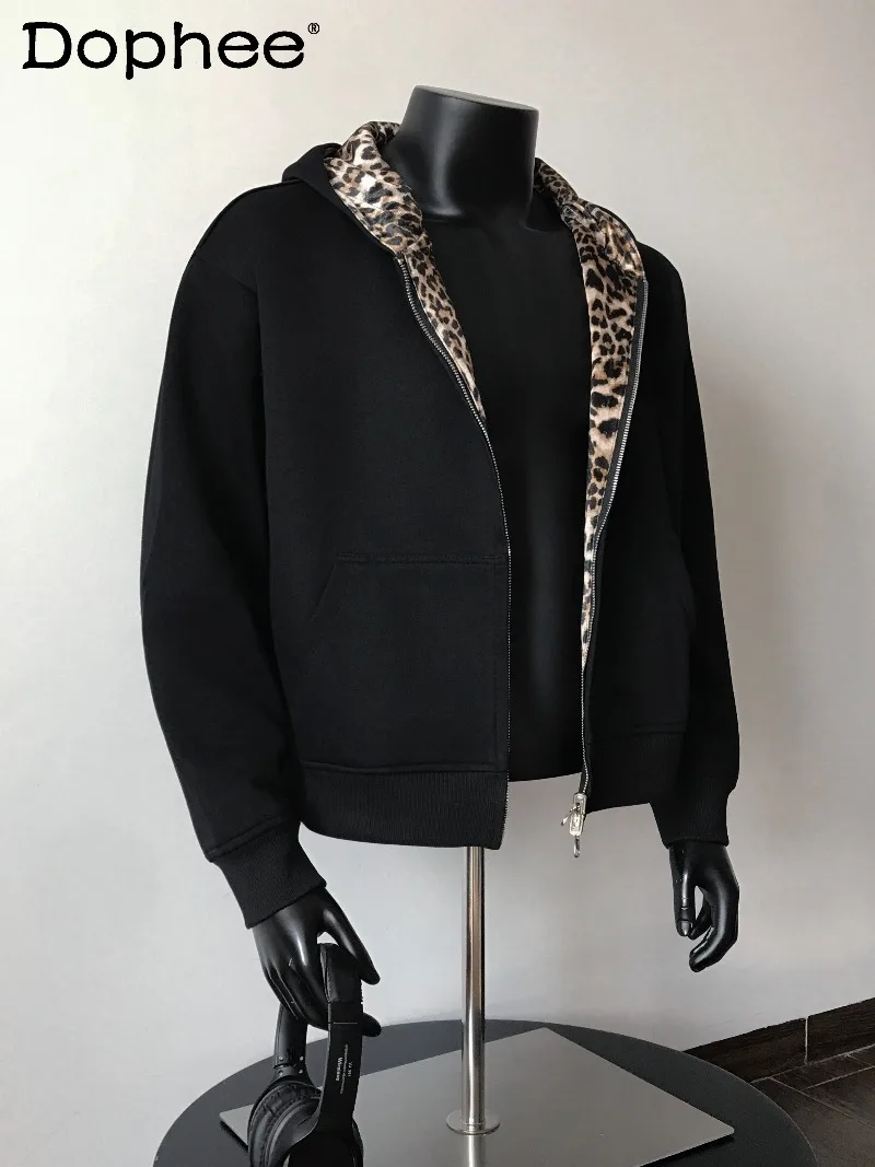 

American Retro Short Leopard Print Hooded Zipper Sweatshirt Fashion Trendy Men's High-end Loose Casual Jacket