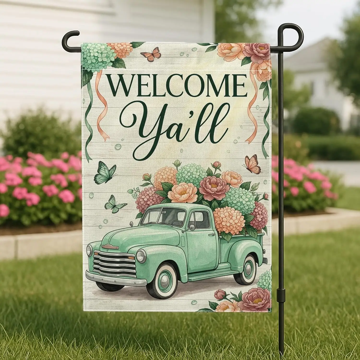 Truck Garden Flag, Rustic Vintage Flowers Butterfly Spring Mint Green Burlap Double Sided Decorative Outside Flags for Outdo jjp