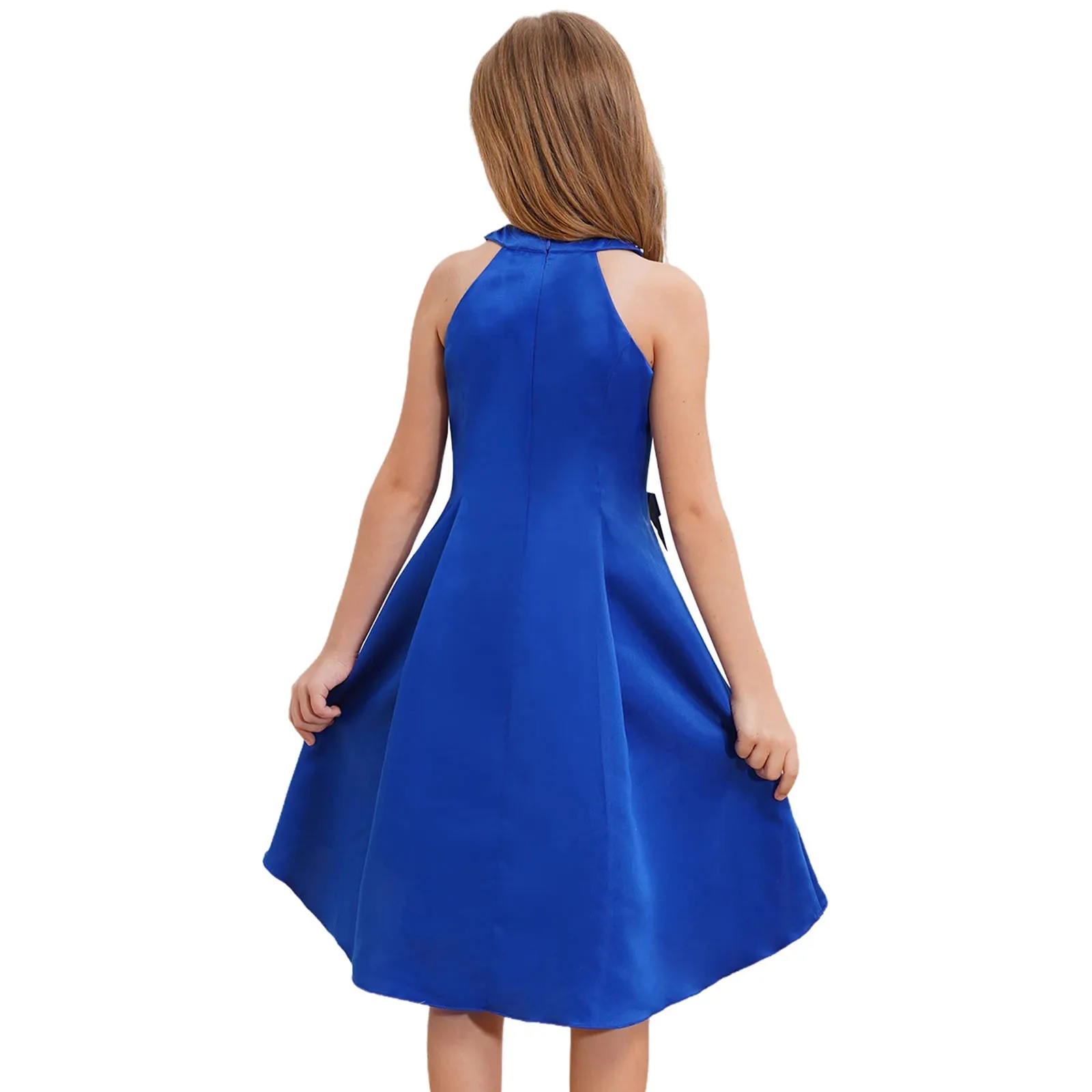 Abito da ragazza di fiore per bambini Elegante abito da damigella d'onore junior in raso senza maniche con perline lucide Bowknot Decor Abiti da ballo a-line