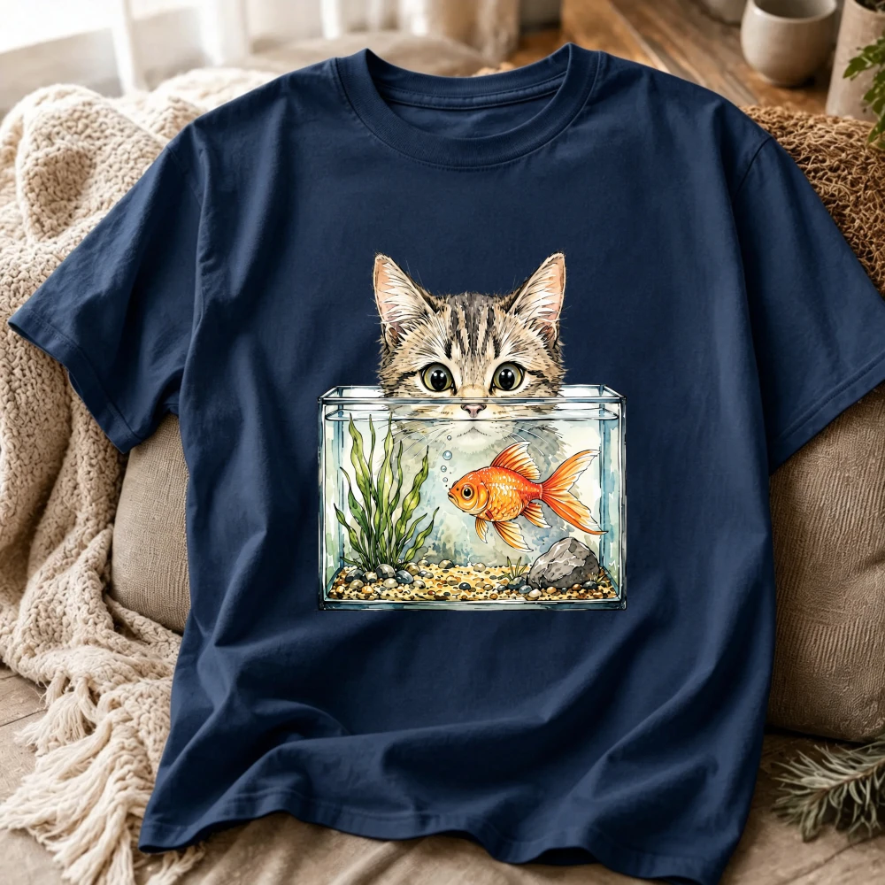 Cute Tabby Cat Fish Tank Graphic T Shirt Kitten Staring At Goldfish Aquarium Watercolor Print Funny Pet Animal Lover Casual Tees