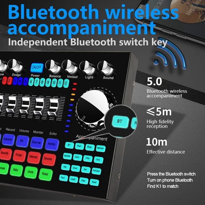 K1 Live Sound Card Portable Bluetooth Sound Card Profession Adjustable Volume Audio For Music Recording