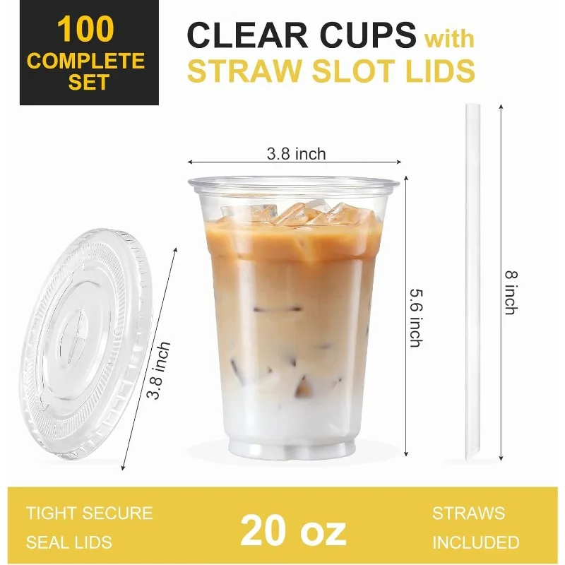 [100 Sets - 20oz] Clear Plastic Cups with Lids and Straws, Disposable Cups for Iced Coffee, Smoothie, Milkshake, Cold Drinks