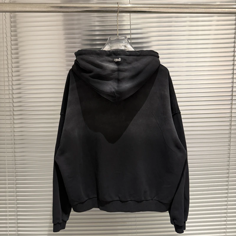 Grailz Project G/R Washed Vintage Rhinestone Letter Print Zipper Hoodie Men Women Black Loose Streetwear Casual Hooded Pullovers
