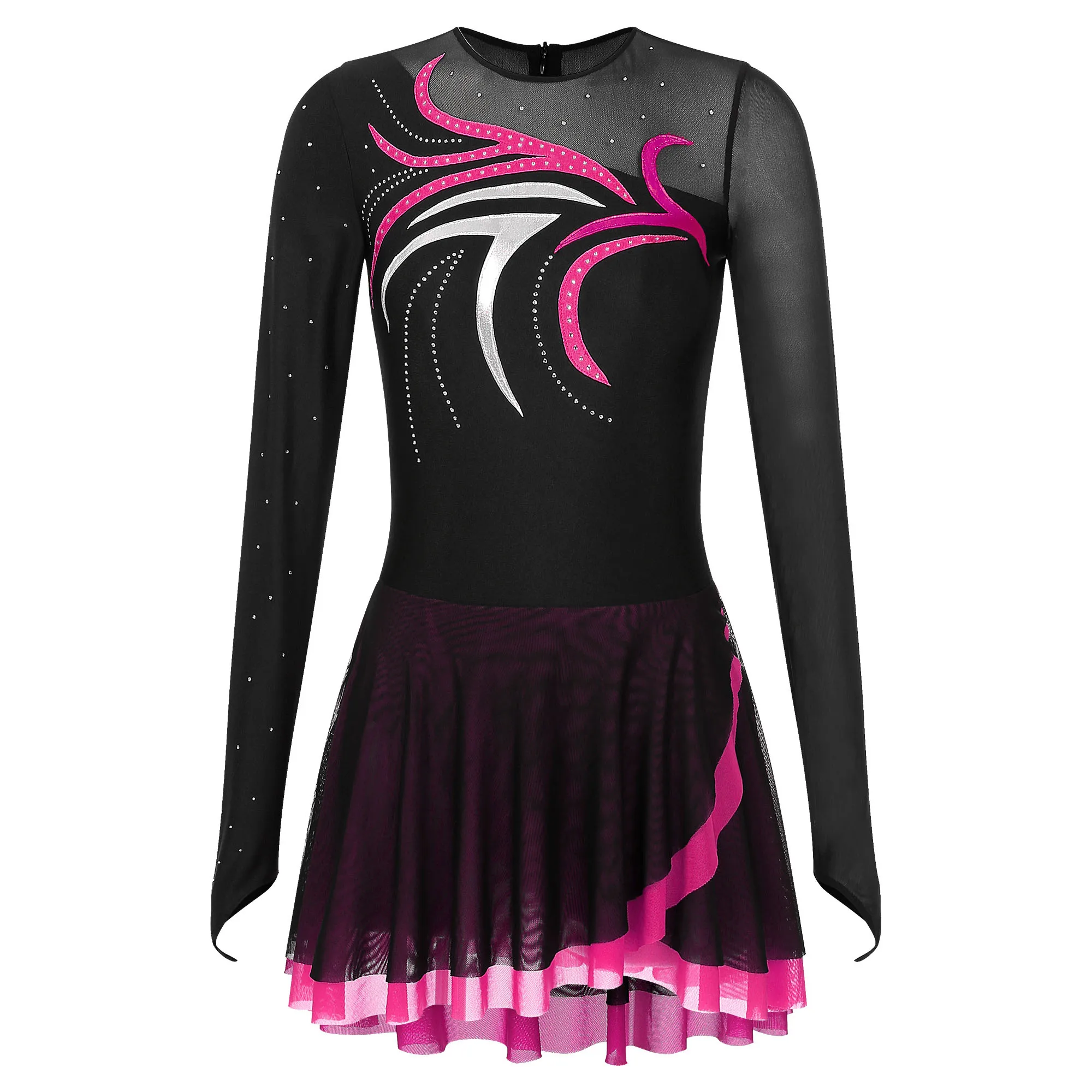 Womens Ballet Lyrical Dance Performance Costumes Glitter Rhinestone Sheer Dress Long Sleeve Figure Skating Dresses Dancewear