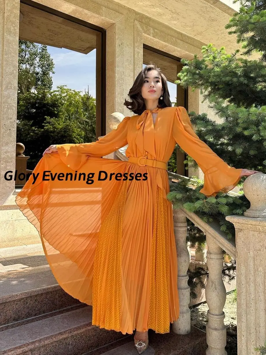 

2023 Summer Chiffon Prom Dresses With Belt Long Sleeves A-Line Ribbon Ruffles Formal Dresses robes de soirée فساتين الحفلات