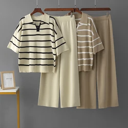 HLBCBG Spring New Women Short sleeve Sweater Set Casual Pullovers Suits Summer Knitted Loose Striped Elegance Top Wide Leg Pants