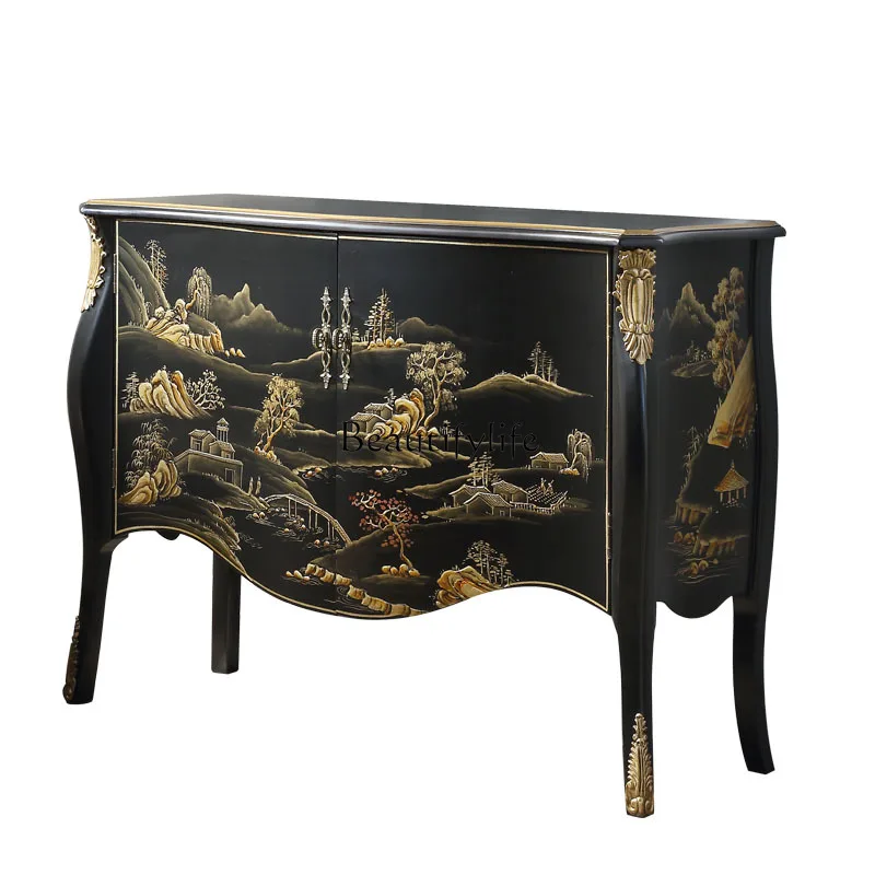 

*New Chinese-style entrance cabinet painted landscape Ming and Qing classical living room partition feng shui storage locker