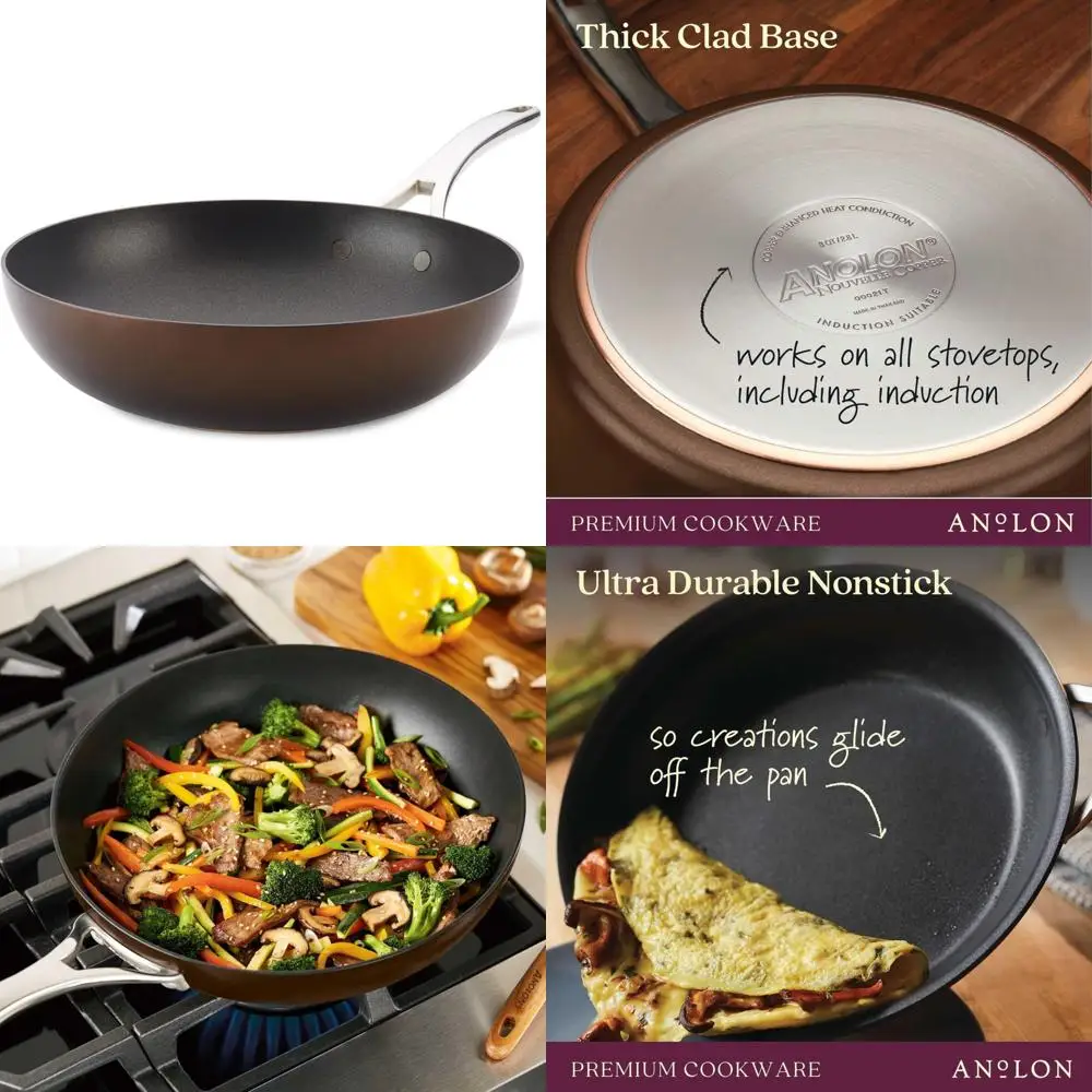 

12-дюймовая медная твердая анодированная сковорода-вок с антипригарным покрытием, жаровня, коричневая кухонная сковорода, незаменимая