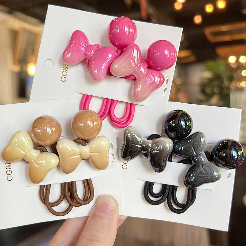 Creamy Beige Bow Elastic Ponytail Holders for Kids Korean Gradient Style Non Slip Hair Bands for Toddler Girls