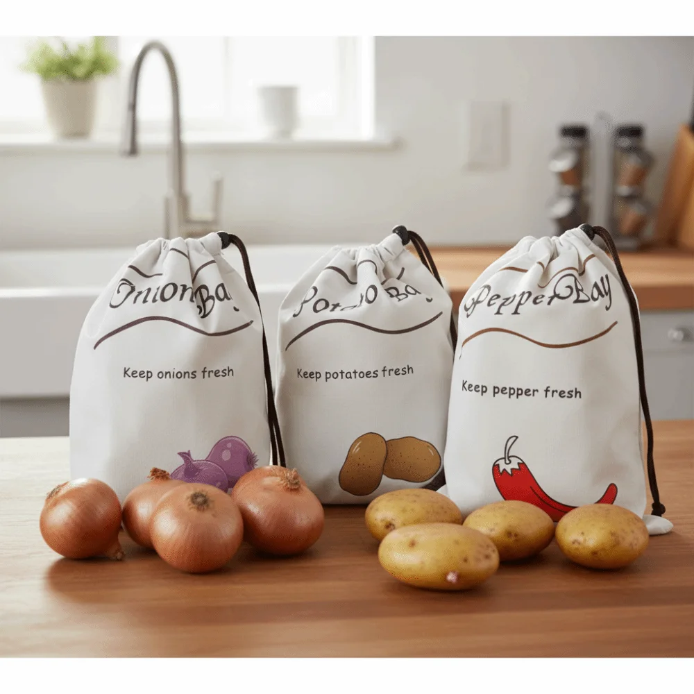 Drawstring Design Onion Potatoes Storage Bag with Side Zipper Breathable Vegetable Storage Bag Reusable Canvas
