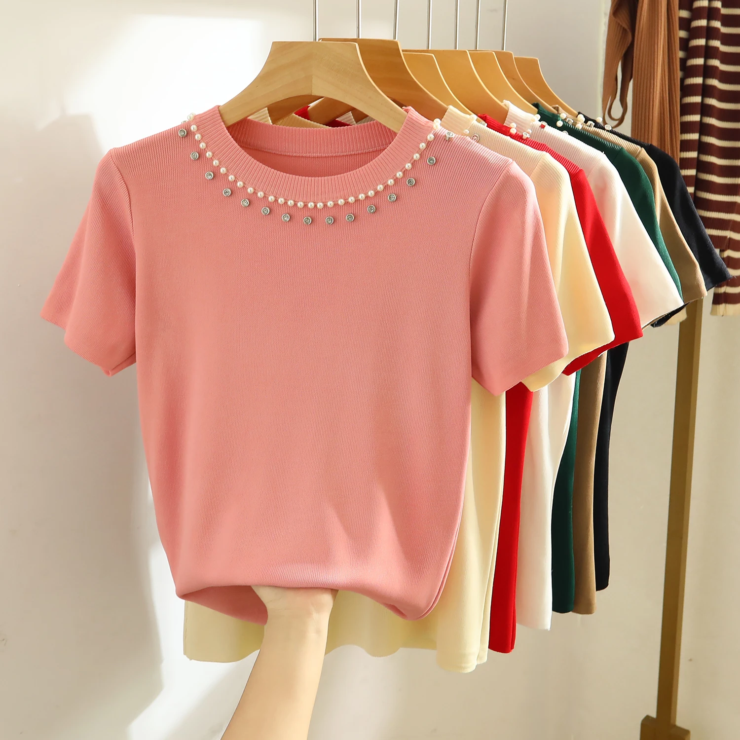 Beading Short Sleeve Knitted Shirt Summer Rhinestone Round Neck Solid Color Loose Tees Summer Versatile Ladies Knitwear