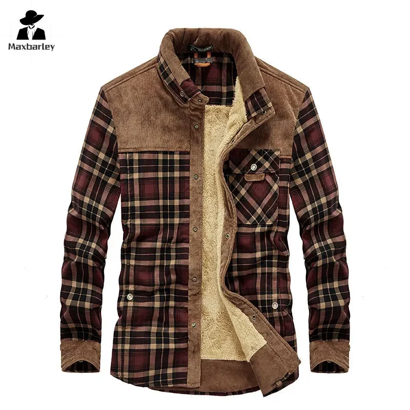Men Lapel Cotton Shirt Plaid Printing Autumn Winter Long Sleeve Fashion Tide Tops Casual Streetwear Male Splice Work Warm Shirts