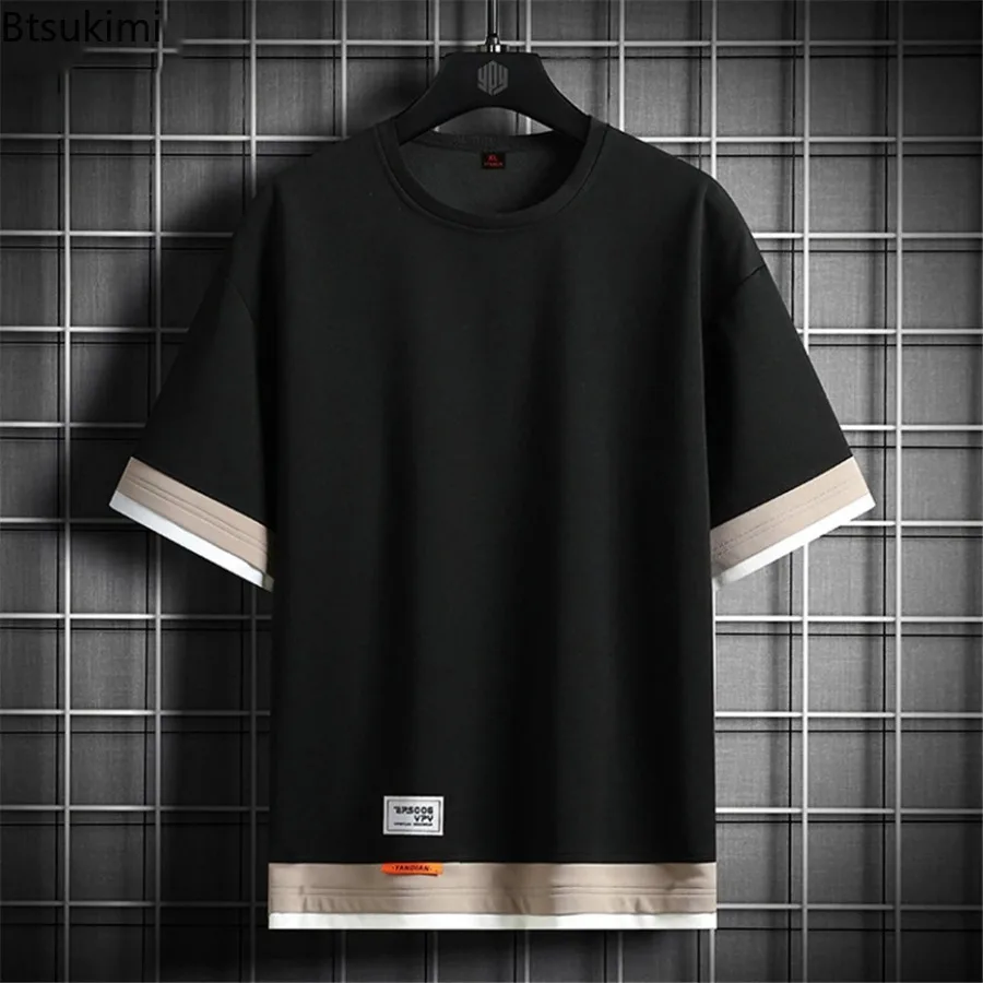 Men's Fashion Casual Fake Two Pieces T-shirt Men Plus Size Tops Tees Summer Loose Solid Color Short Sleeve T Shirt Big Size 8XL