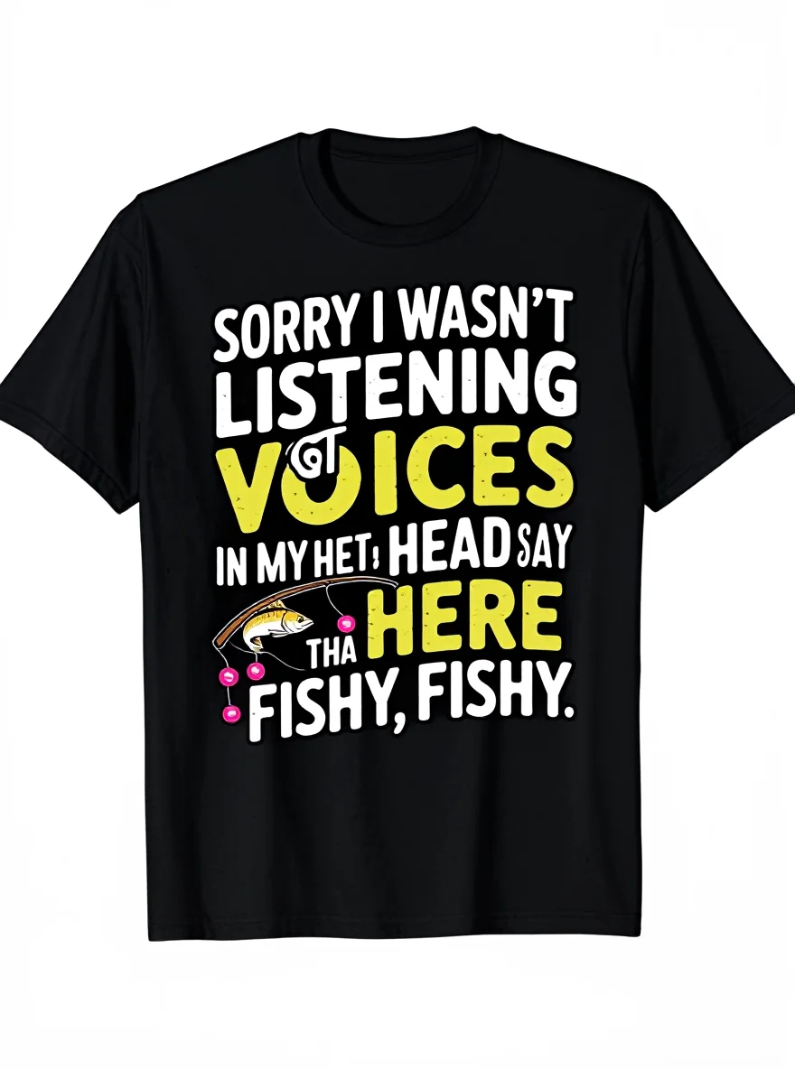 

Funny Fishing T-Shirt - Men's 100% Cotton "Voices In My Head Here Fishy" (S-XXXL) Tee
