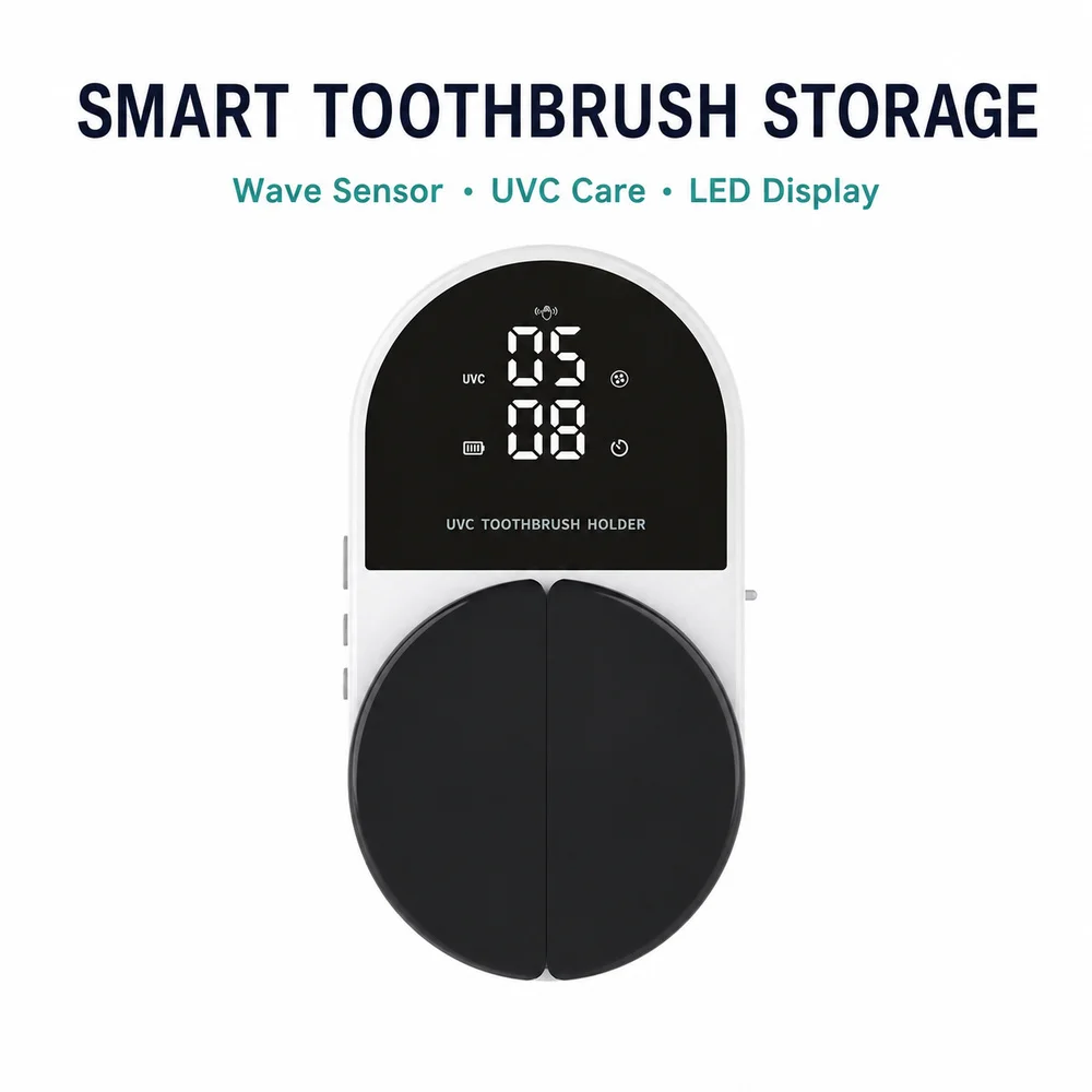 Wall Mounted UVC Toothbrush Holder with Sensing Cover 2000mAh Battery LED Clock USB-C Rechargeable Dual Slot White Bathroom Rack