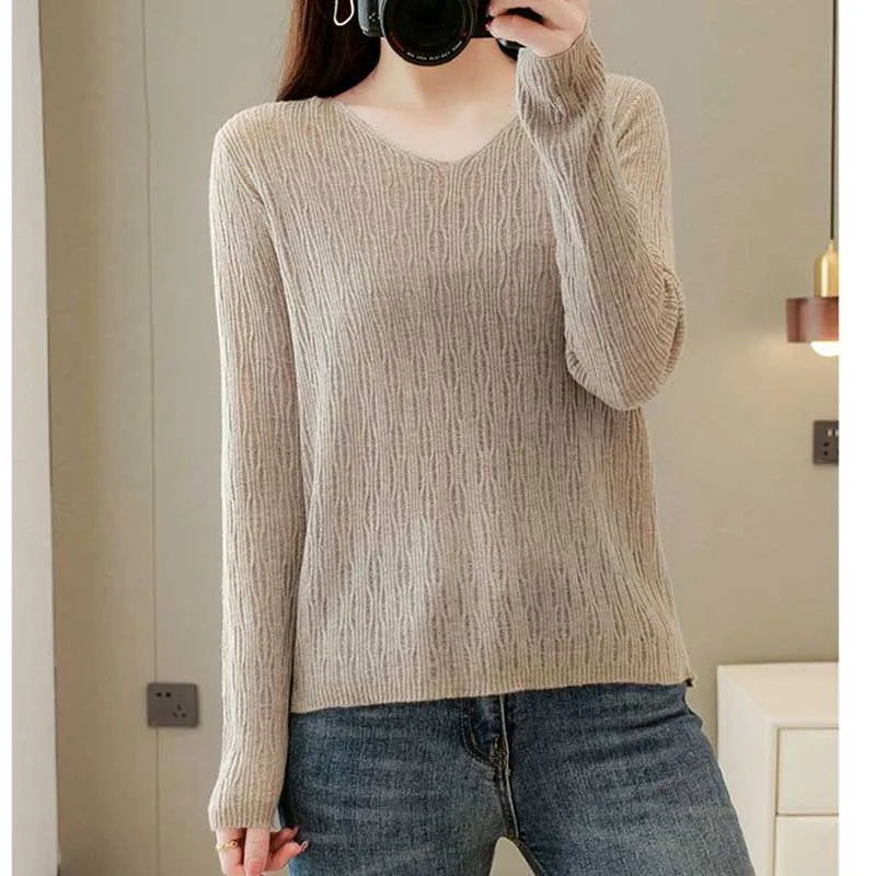 Fashion V-Neck All-match Solid Color Sweaters Women's Clothing Spring Autumn Loose Knitted Casual Pullovers Commuter Tops