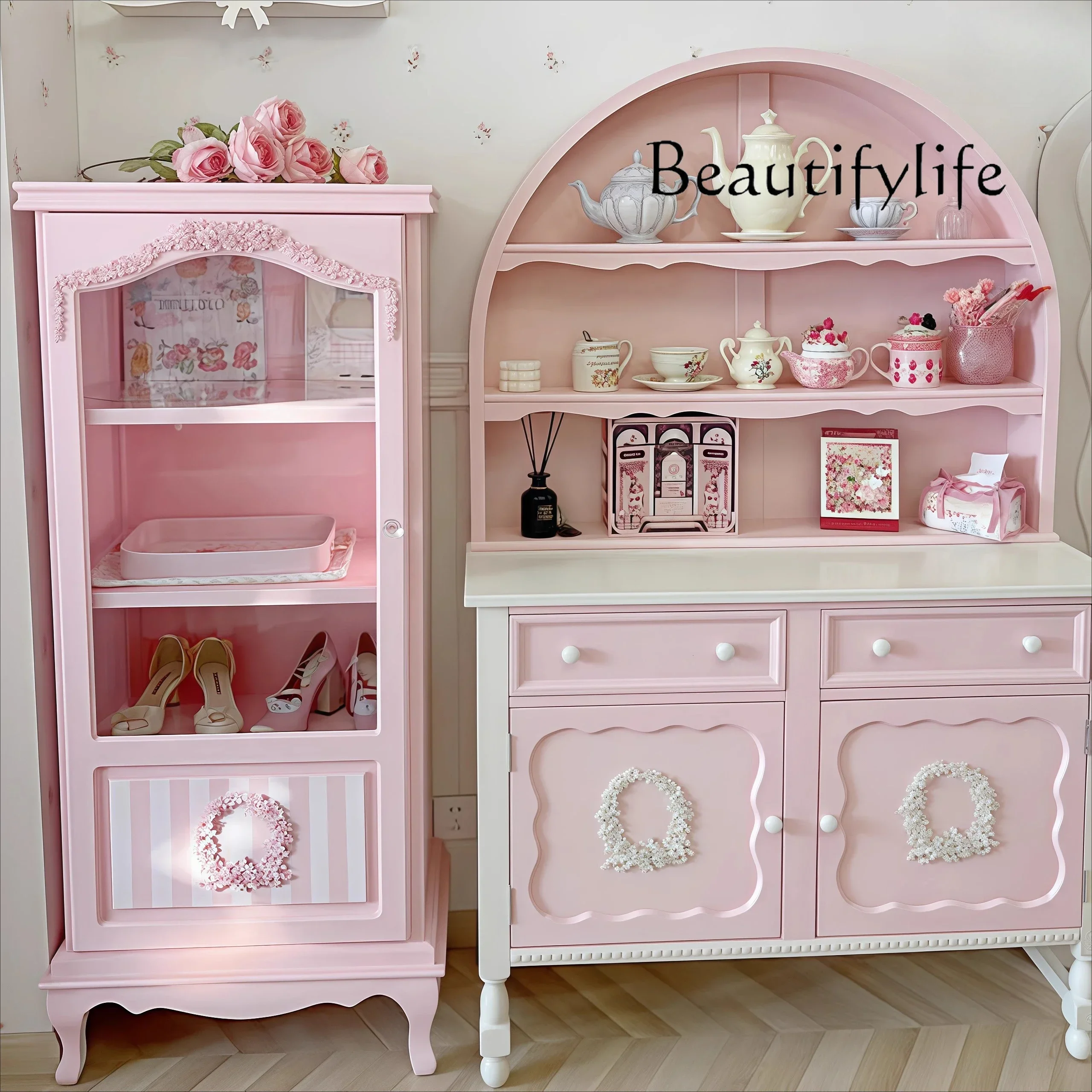 

M Французский ретро обеденный боковой шкаф, цветной витрина, витрина, модный книжный шкаф принцессы, дизайнерский стеклянный книжный шкаф