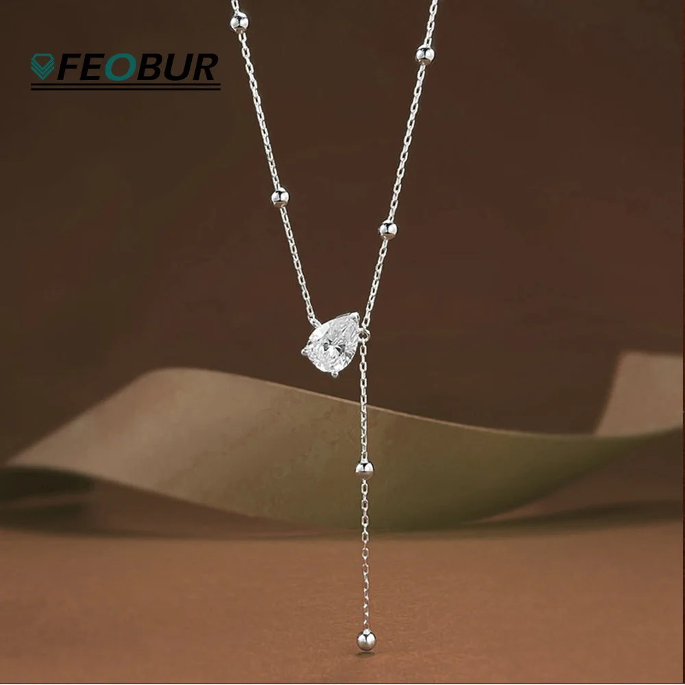 

FEOBUR 2CT Pear Cut Moissanite Pendant Necklace Real S925 Silver WaterDrop Diamond Tassel Y Neckchain for Women Jewelry Gift