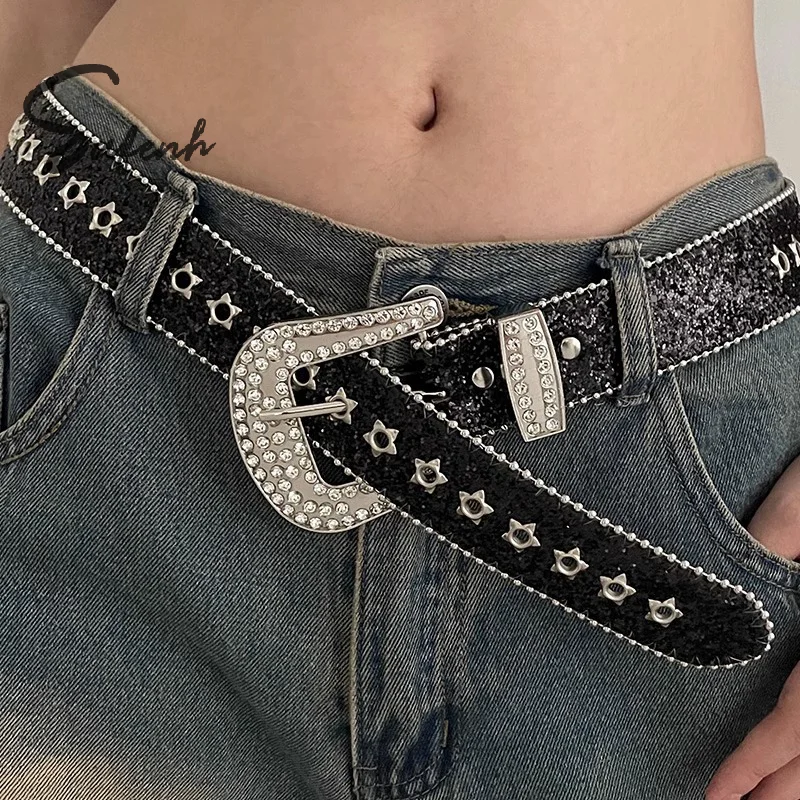 Y2K Women Fashion Solid Print Studded Full Rhinestone Belt PU Leather Bling Crystal Adjustable Glitter Waistband For Club Party