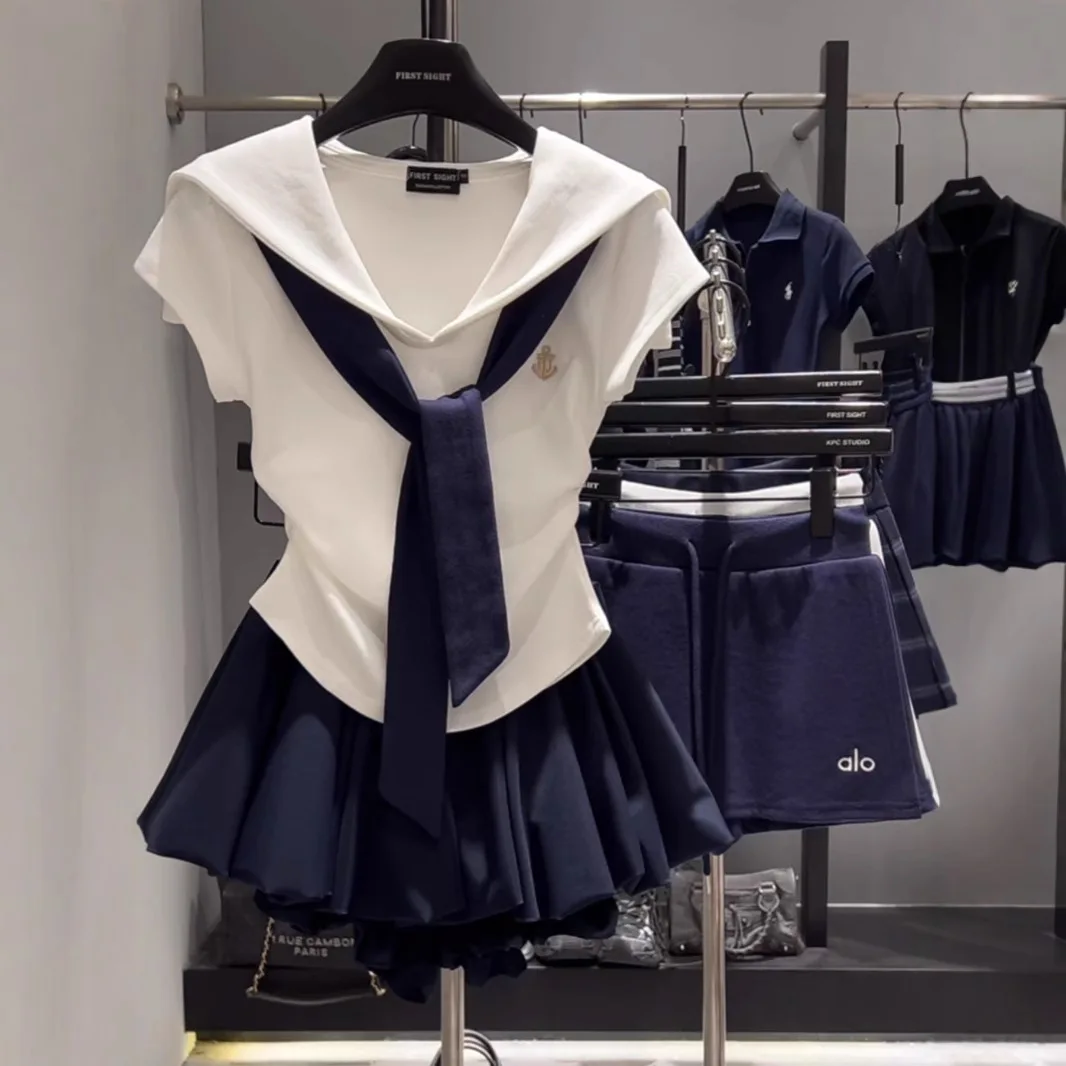 

2025 Summer New College Cotton Navy Collar Suit Sweet Fresh Top Embroidered Puffy Skirt Two Piece Sets Womens Outifits