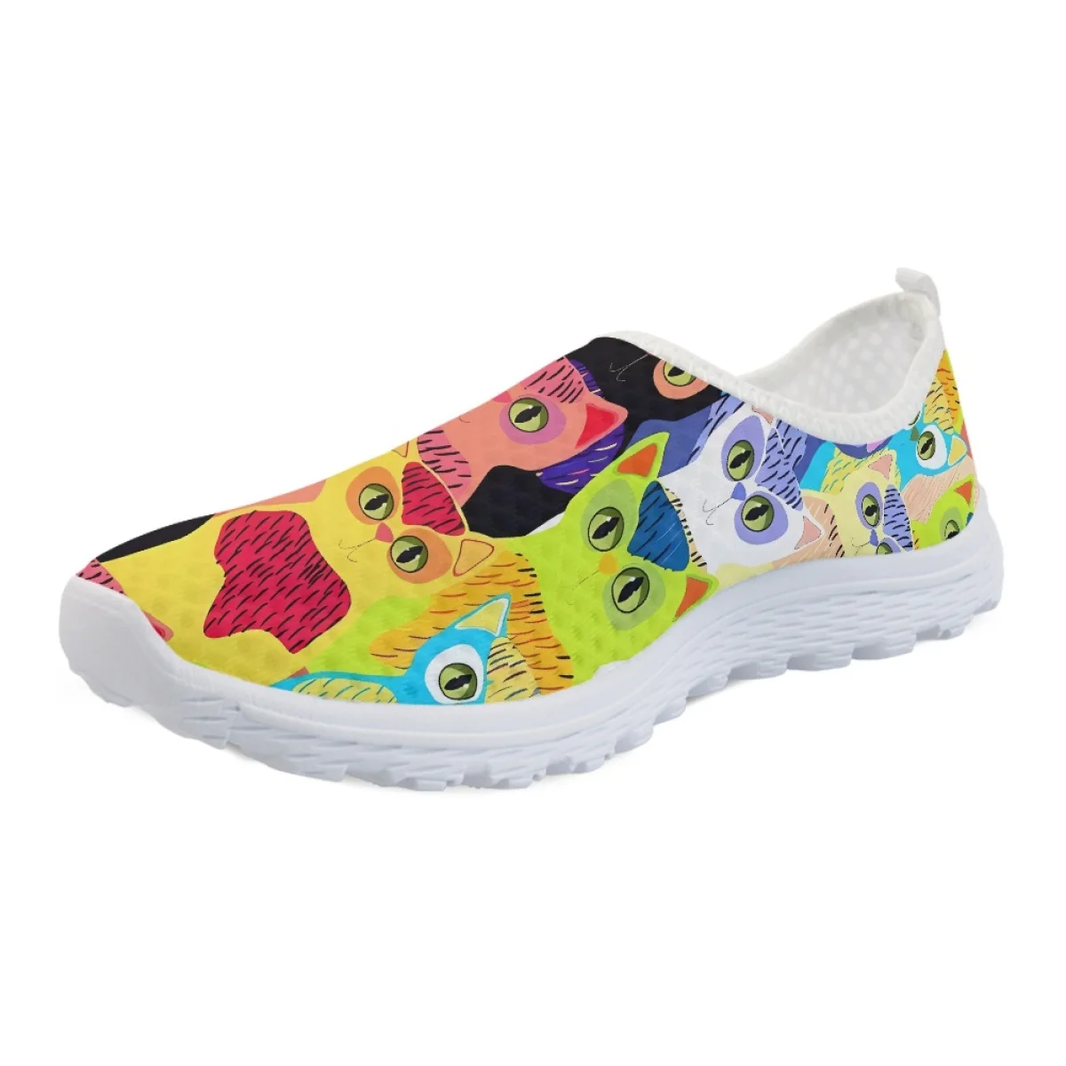 Colorful Cartoon Print Cat Ladies Spring Summer Mesh Shoes  Lightweight Indigenous Art Design Sneakers Classic Walking Footwear