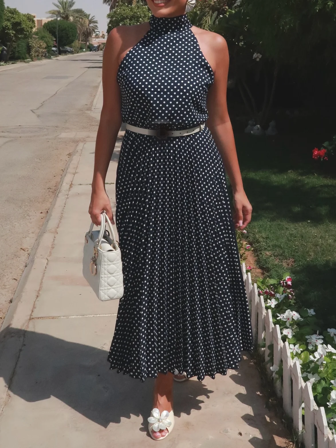 Vestido largo sin mangas de lunares a la moda de verano para mujer con cinturón con cremallera diseño sin espalda vestido de temperamento Sexy